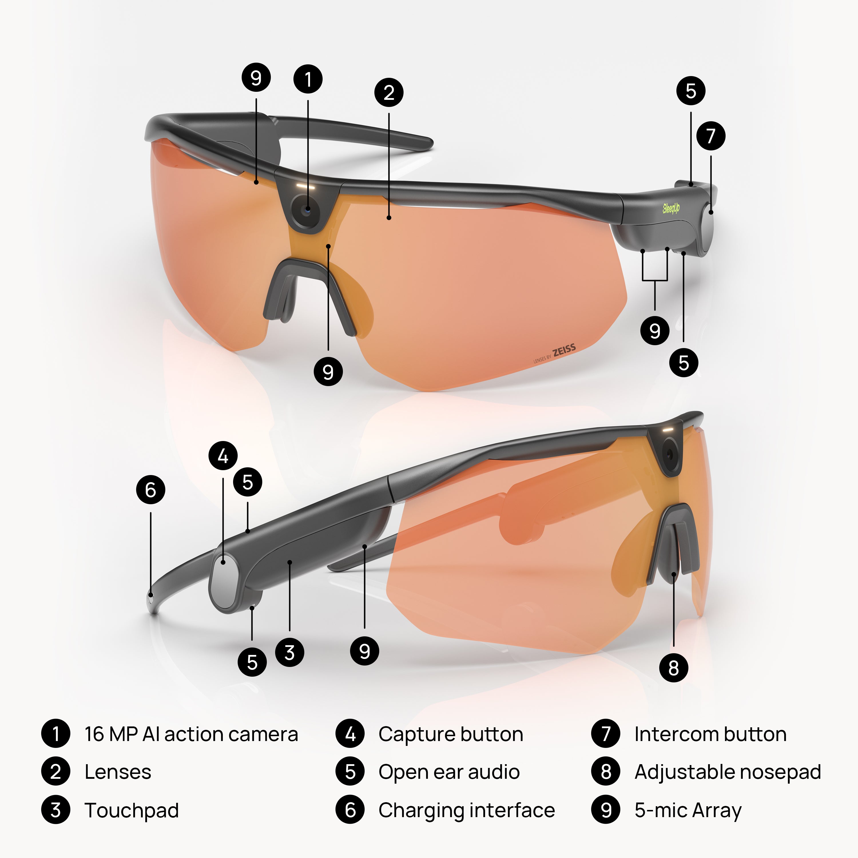 BleeqUp Ranger AI Sports Camera Glasses - Lenses by Zeiss