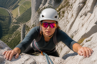 Climber on a rock face wearing camera glasses for hands-free point of view capture