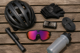 Essential cycling kit arranged on a bench with helmet and gloves