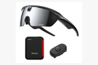 Cycling accessories laid out together including camera glasses and a controller