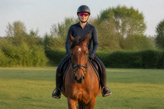 Rider wearing camera glasses on horseback in an open field