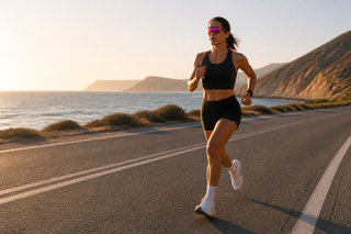 Runner on an open road wearing camera glasses for hands-free recording