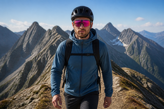Hiker on a mountain trail wearing camera glasses on a long day out