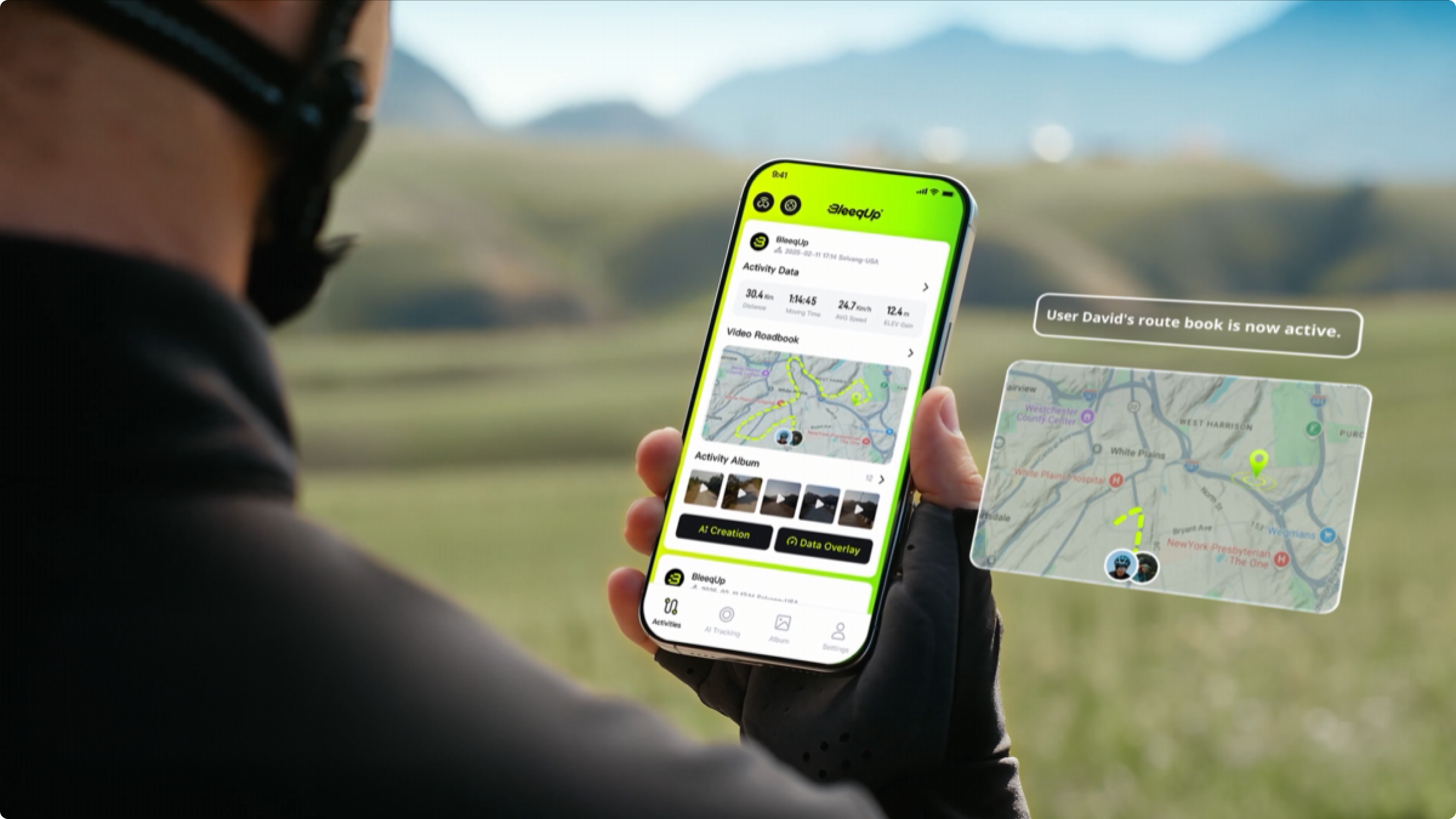 BleeqUp Rover AI Video Roadbook interface for route recaps and sports highlights